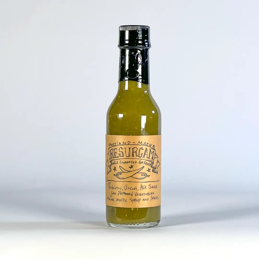 Resurgam fermented chili verde hot sauce bottle front view